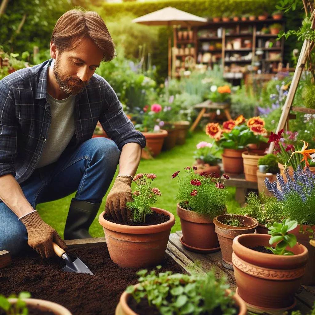 Jardinero trabajando en sus plantas